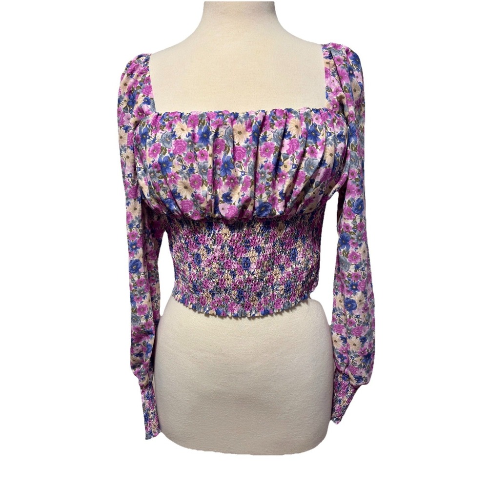 New NWT Women's Lavender Multi Smocked‎ Floral Gigot Sleeve Top Size Medium